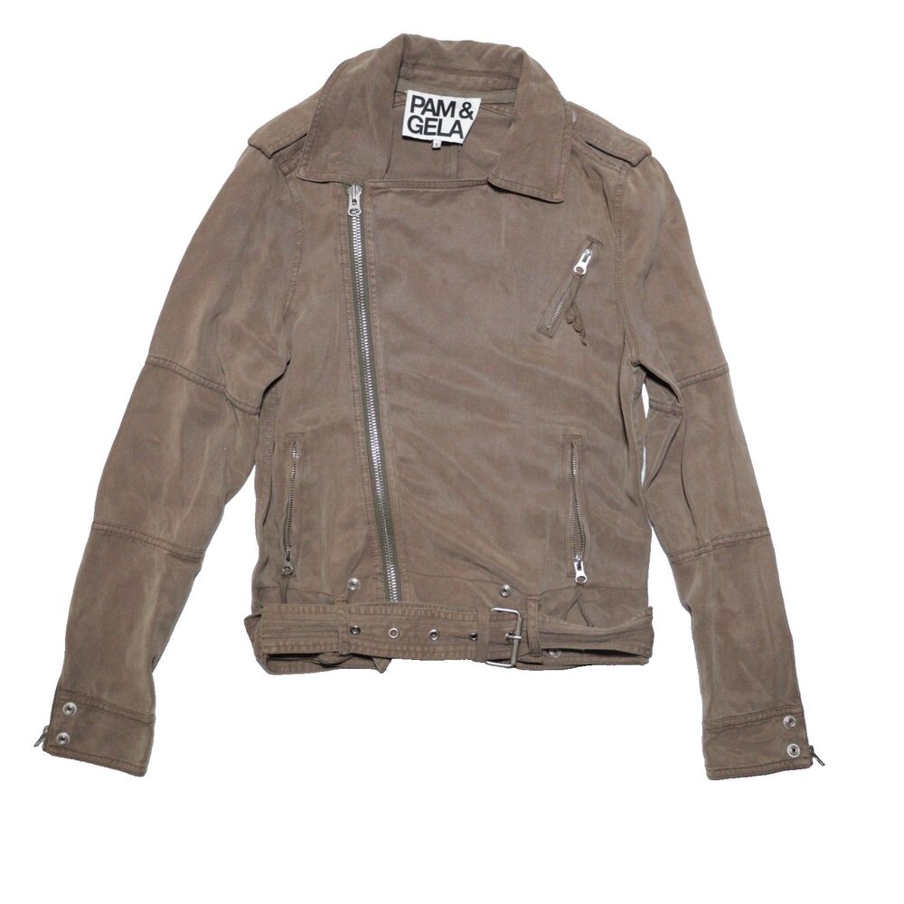 Pam‎ & Gela Cropped Motorcycle Jacket Brown 100% Tencel Side Zip Belted Sz Small